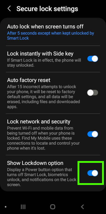 lockdown mode on Galaxy S22: enable show lockdown option 