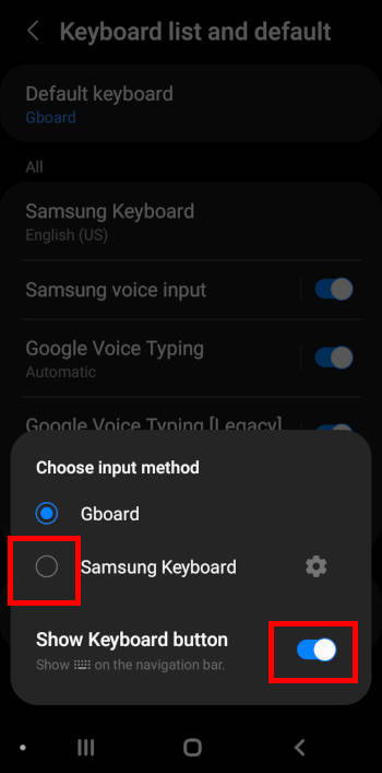 choose default keyboard to enable Writing Assistant on Samsung keyboard on Galaxy S22, S21, S20, and S10