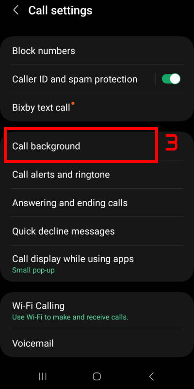 Call background entry in call settings