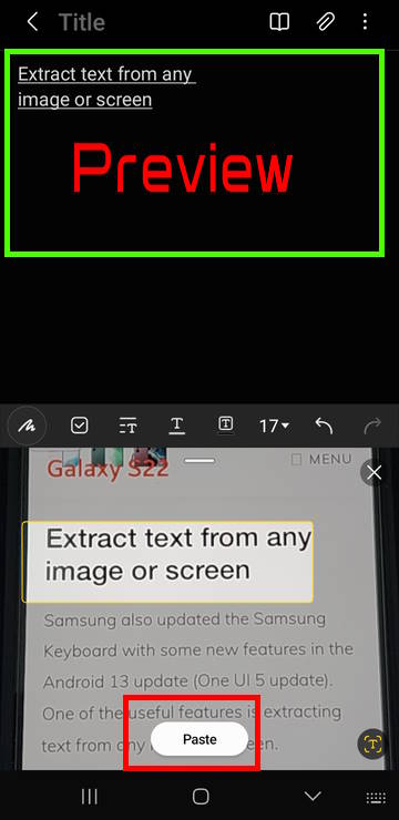 Preview of the text in Samsung Keyboard before  extracting text