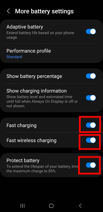 charge Galaxy S23 battery: disable/enable fast charging, fast wireless charging, and Protect Battery