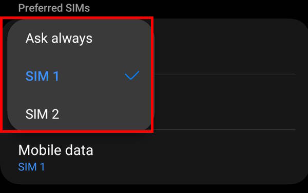 set the default SIM card for calls, messages, and mobile data.