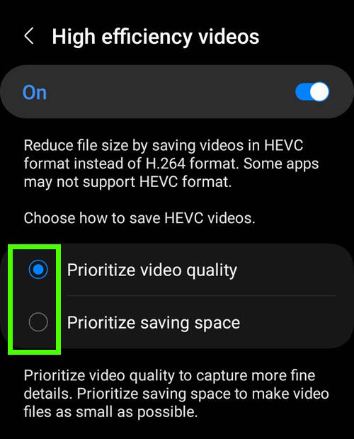 High efficiency videos in Galaxy S23 Camera settings 
