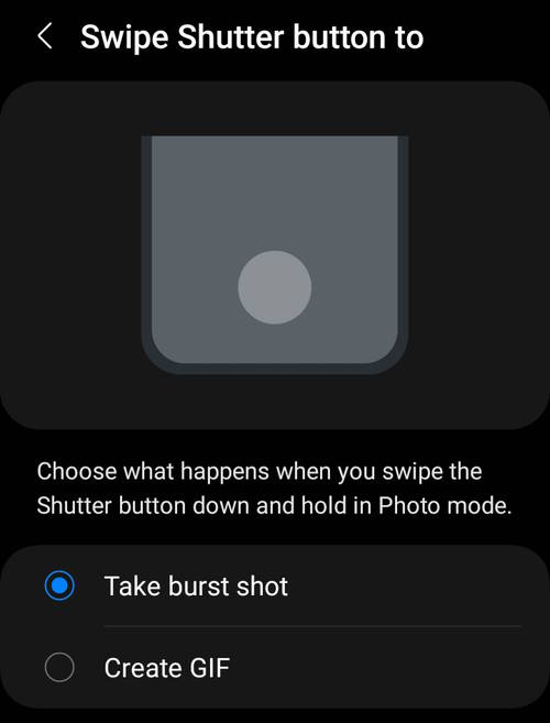 Swipe shutter button to take burst shots or create GIF in Galaxy S23 camera settings