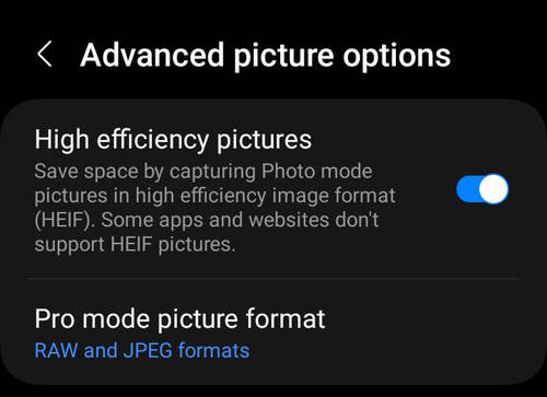 Advanced picture options in Galaxy S23 Camera settings