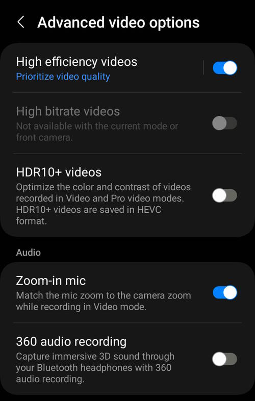 Advanced video options in Galaxy S23 camera settings