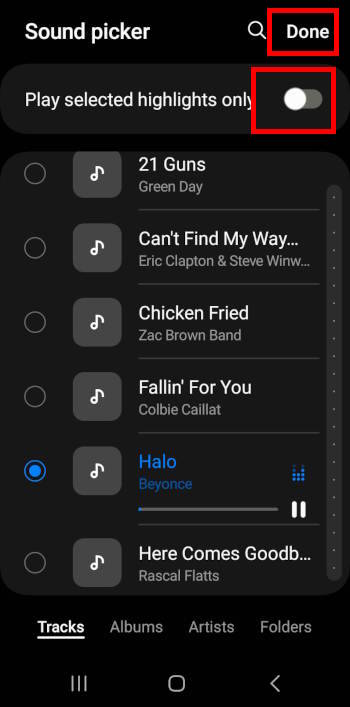 turn off highlights when customizing ringtones with your own music file