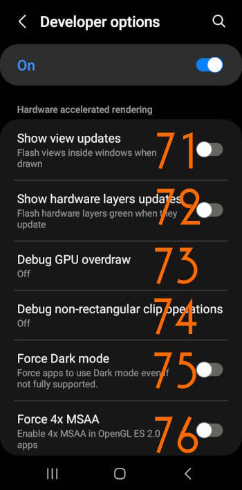 Galaxy S23 developer options: hardware accelerated renedering