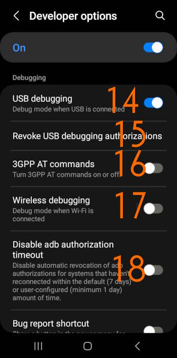 Galaxy S23 developer options: debugging