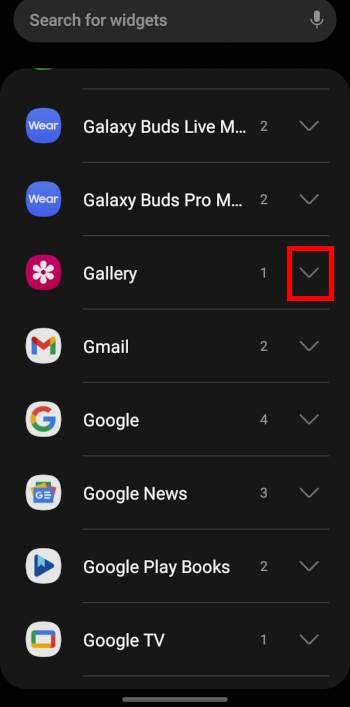 search Gallery widget in the widget list