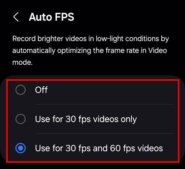 new Auto FPS options in the caemra app in One UI 6 (Android 14) update