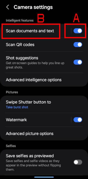 camera settings to enable or disable document scan and text 