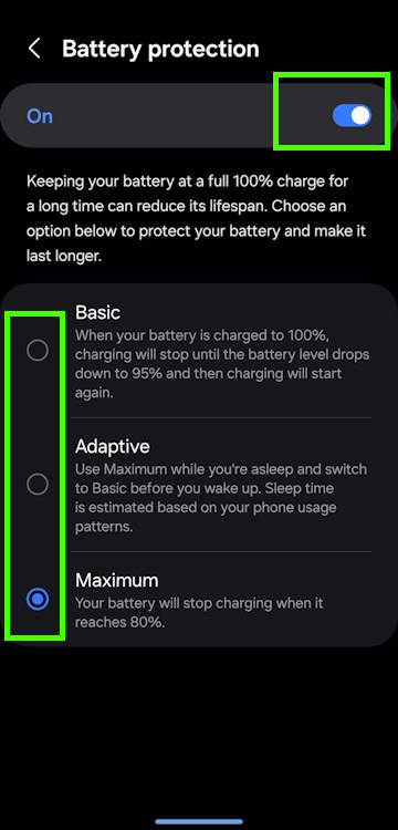 the three modes of the Battery Protection on Galaxy S24