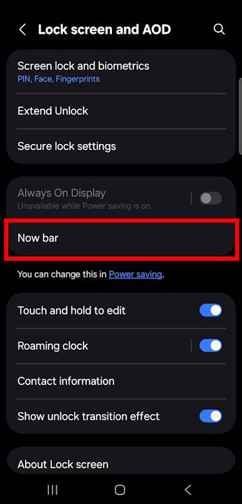 Galaxy S25 lock screen settings with nOw Bar