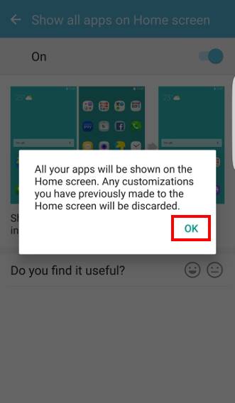 hide apps screen on Galaxy S7 and Galaxy S7 edge and show all apps on Galaxy S7 home screen: 6. warning message