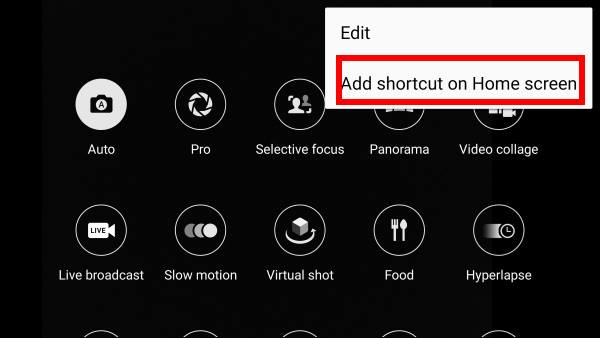 add Galaxy S7 camera mode shortcut to home screen
