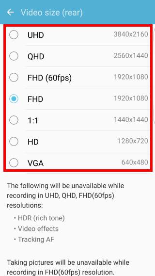 set Galaxy S7 camera picture size and video size on Galaxy S7 and Galaxy S7 edge: video size settings