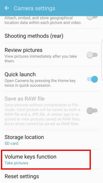 use volume key to take photos in Galaxy S7 camera app