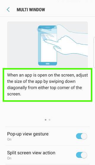 enable Galaxy S7 multi window pop-up view gesture and split screen view action gesture