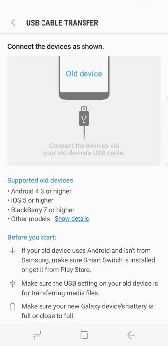 Use USB cable to transfer data from old device to Galaxy S8 and S8+