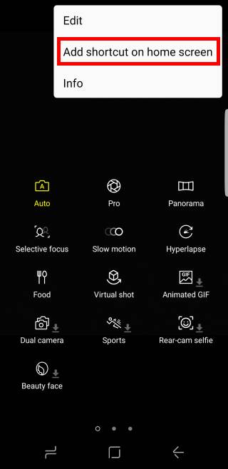  add Galaxy S8 camera modes to Home screen (so that you can access them directly