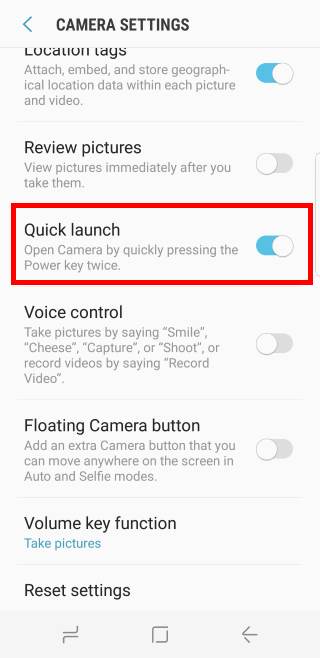 enable Galaxy S8 camera quick launch