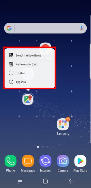 use context menu in Galaxy S8 Home screen