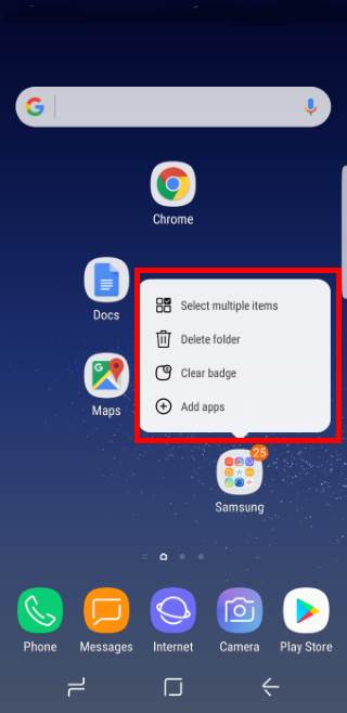 use context menu in Galaxy S8 Home screen
