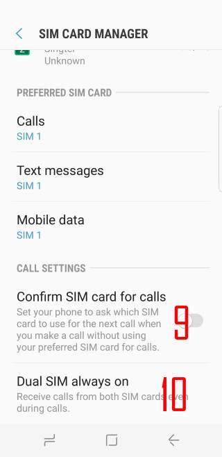 customize SIM card settings for two SIM cards in Galaxy S8 and S8+