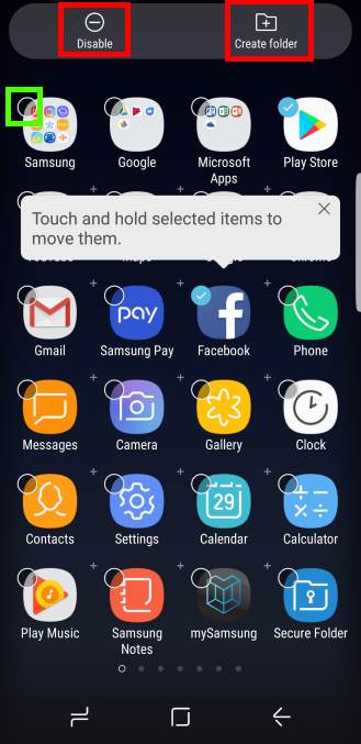 select multiple items in Galaxy S8 apps screen