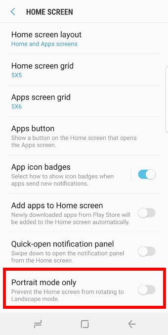 use Galaxy S9 home screen landscape mode