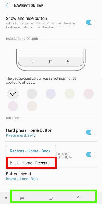 change Galaxy S9 navigation button layout in the navigation bar