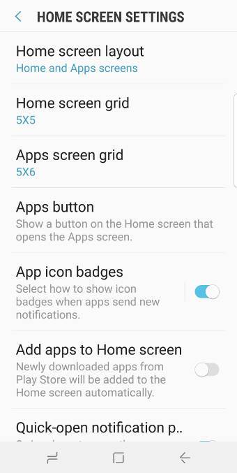 galaxy S9 home screen settings