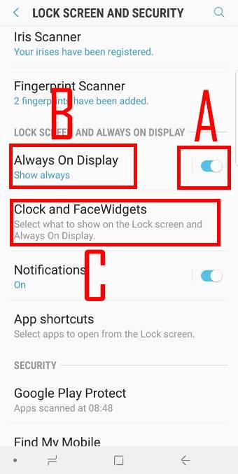 Use Galaxy S9 Settings to turn on/turn off Galaxy S9 always-on display (AOD) on Galaxy S9 and S9+