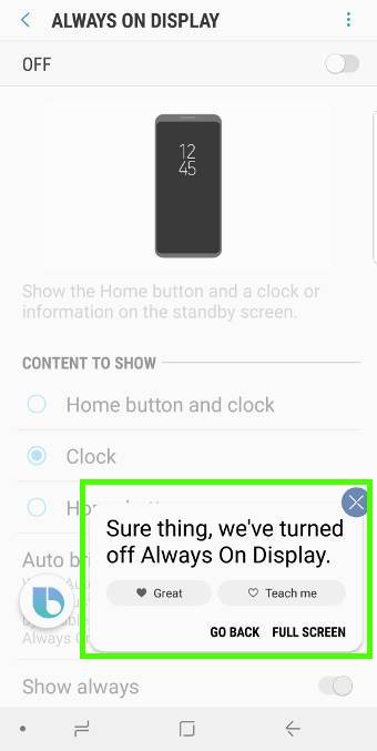 Use Bixby voice to turn on/turn off Galaxy S9 always-on display (AOD) on Galaxy S9 and S9+