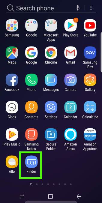 use app finders on Galaxy S9 Apps screen