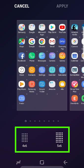 set the grid layout for Galaxy S9 Apps screen