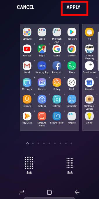 set the grid layout for Galaxy S9 Apps screen