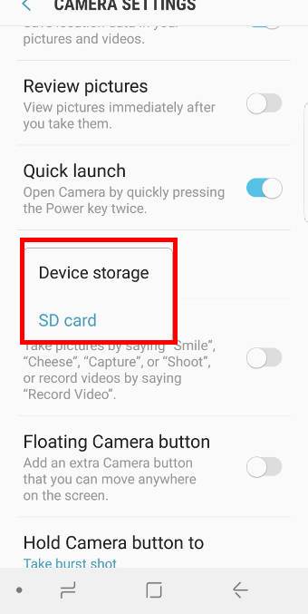 set photo storage location to phone storage or SD card on Galaxy S9 and S9+