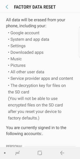 factory data reset Galaxy S9 or S9+