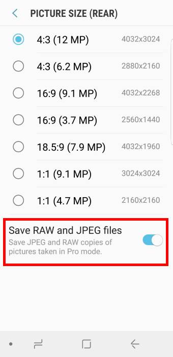 save Galaxy S9 camera Pro mode photos in RAW format